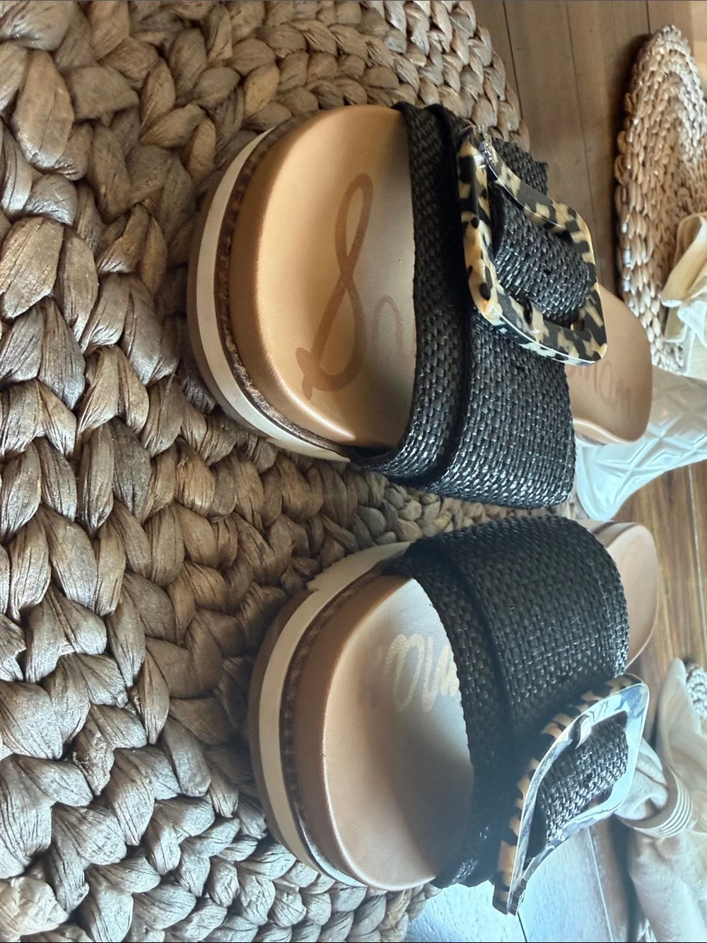 Sam Edelman Black Slide Sandals with Leopard-Print Buckle Accent